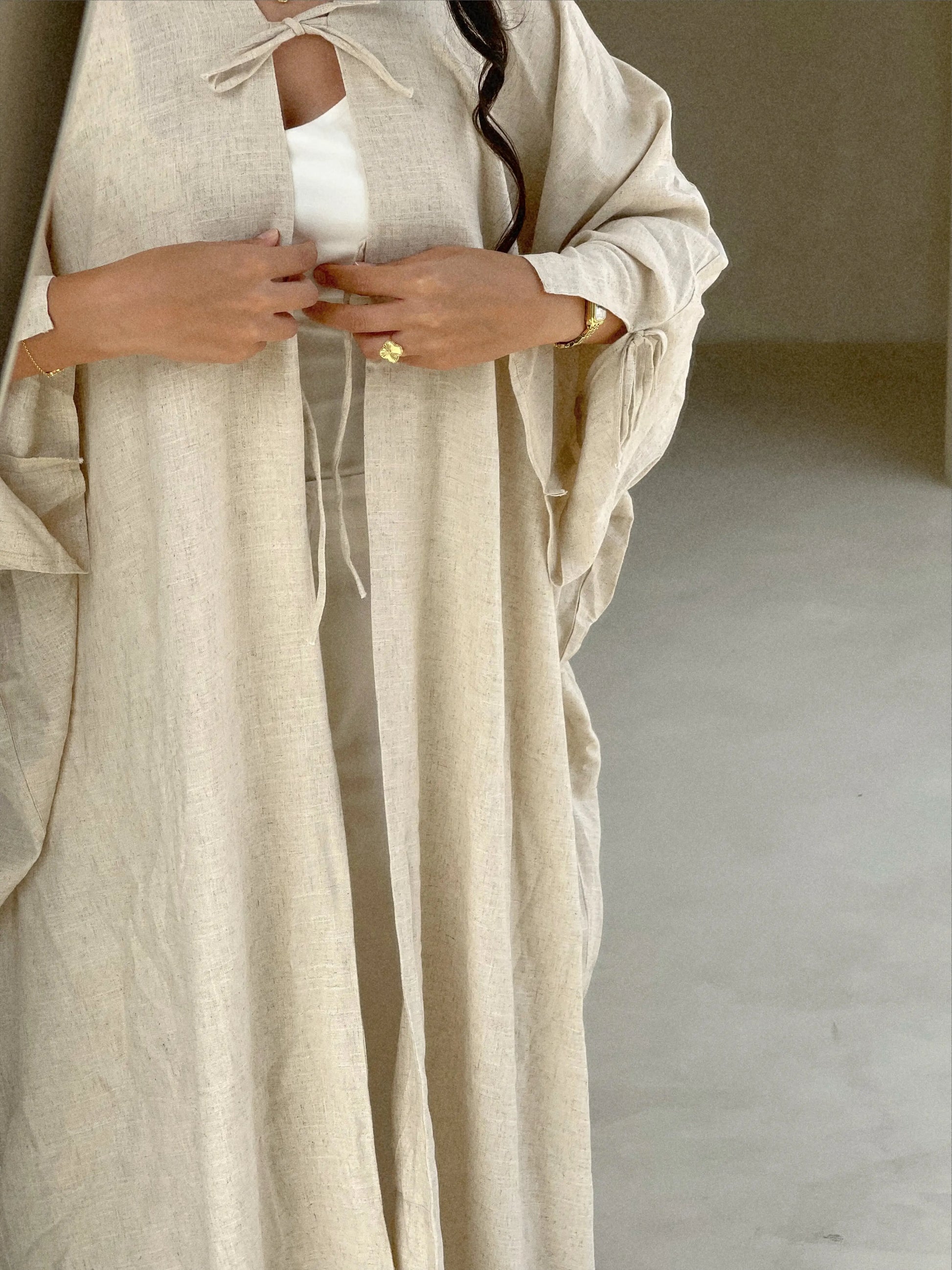 linen abaya, open abaya, open linen abaya, open linen bow abaya, simple abaya