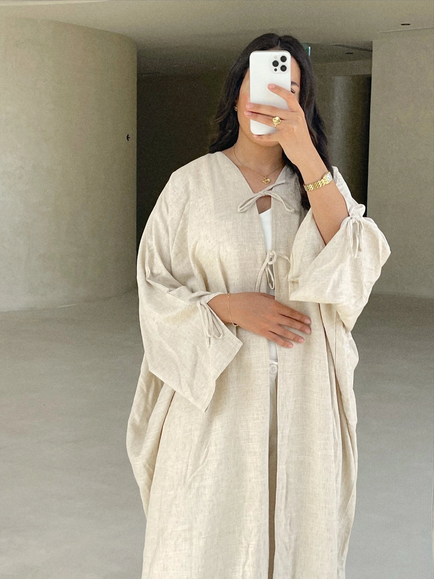 linen abaya, open abaya, open linen abaya, open linen bow abaya, simple abaya