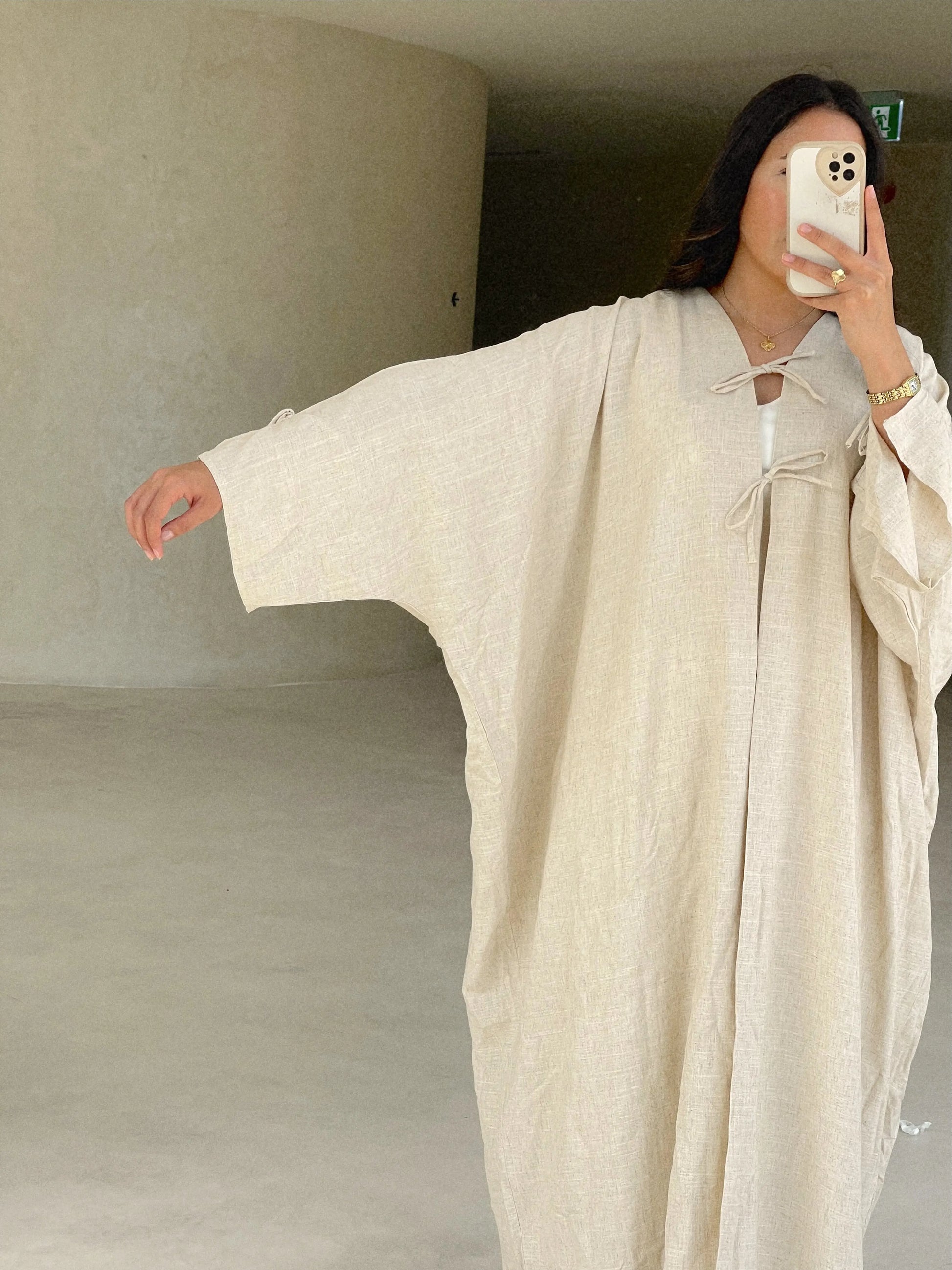 linen abaya, open abaya, open linen abaya, open linen bow abaya, simple abaya
