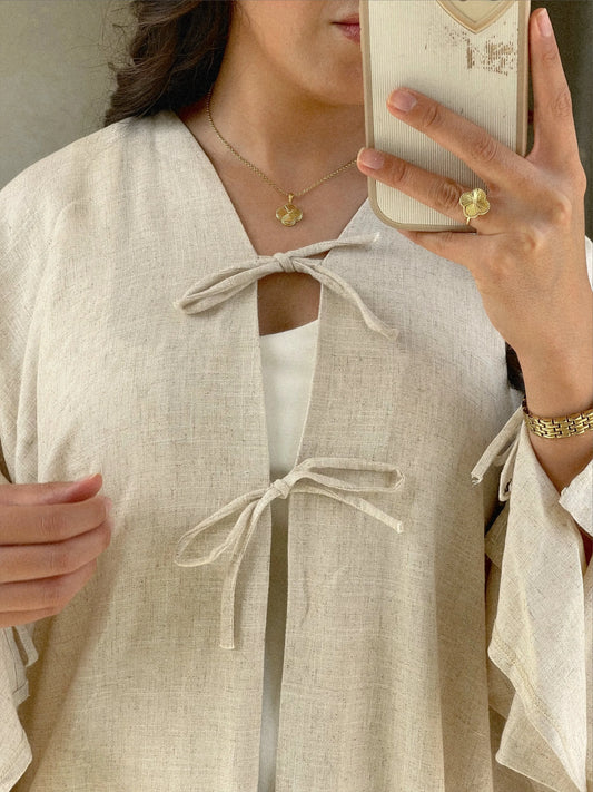 linen abaya, open abaya, open linen abaya, open linen bow abaya, simple abaya